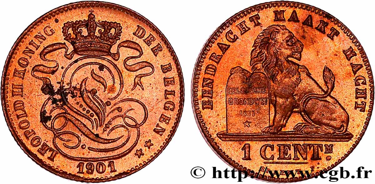 BELGIQUE 1 Centime lion monogramme de Léopold II légende en français 1901  SPL 