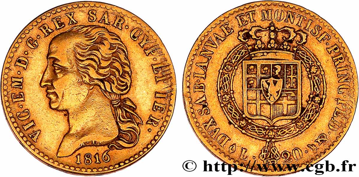 ITALY - KINGDOM OF SARDINIA - VICTOR-EMMANUEL I 20 Lire 1816 Turin XF 