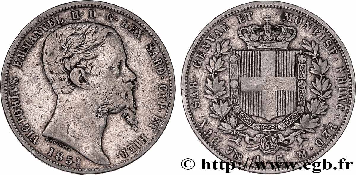 ITALIA - REGNO DI SARDEGNA - VITTORIO EMANUELE II 5 Lire  1851 Gênes MB 