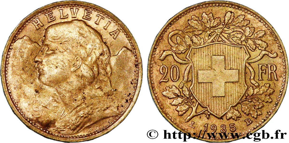 OR, PALLADIUM ET PLATINE INVESTISSEMENT 20 Francs  Vreneli   1935 Berne TTB+ 