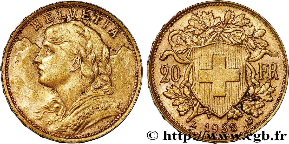OR, PALLADIUM ET PLATINE INVESTISSEMENT 20 Francs  Vreneli   1935 Berne TTB+ 
