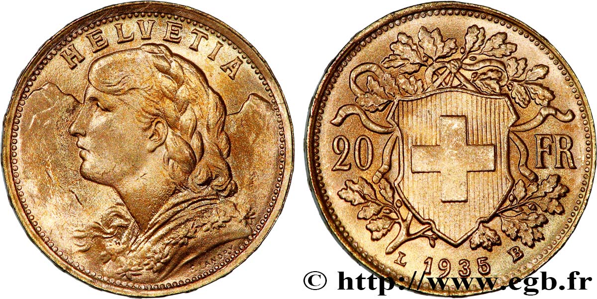 INVESTMENT GOLD 20 Francs  Vreneli   1935 Berne EBC 