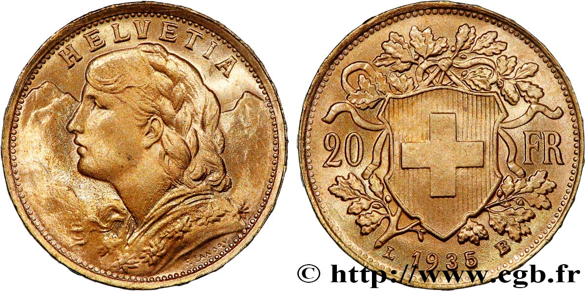 INVESTMENT GOLD 20 Francs  Vreneli   1935 Berne EBC 