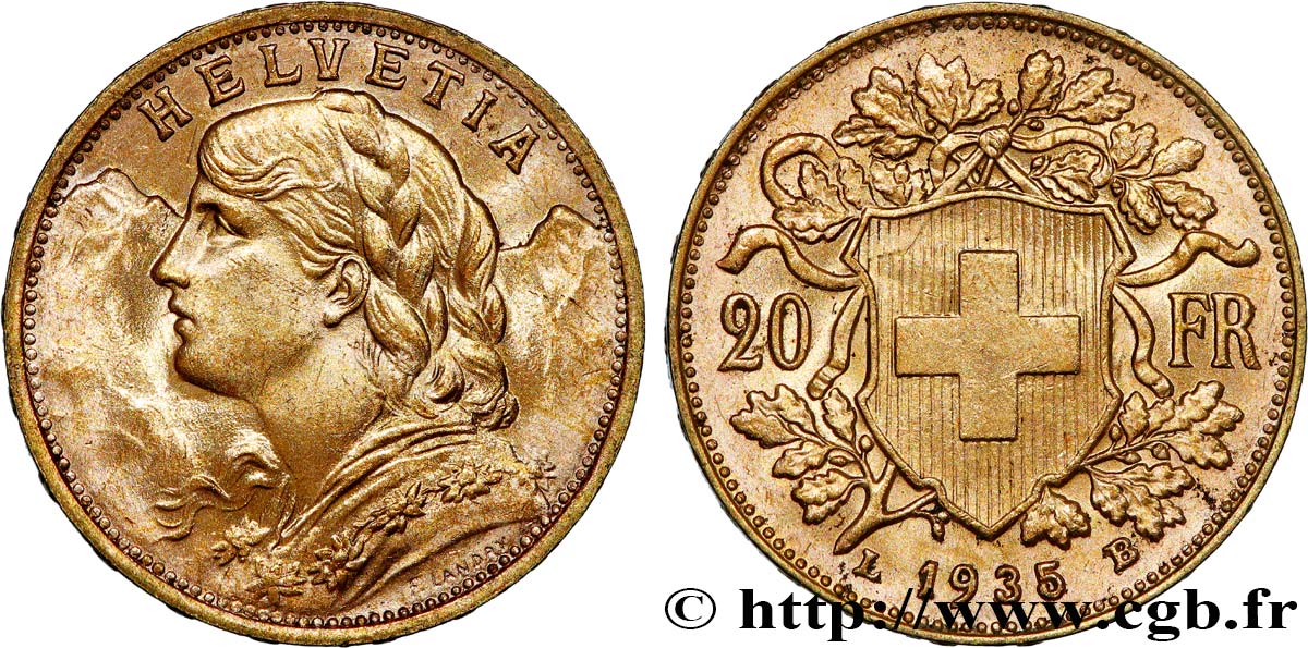 INVESTMENT GOLD 20 Francs  Vreneli   1935 Berne AU 