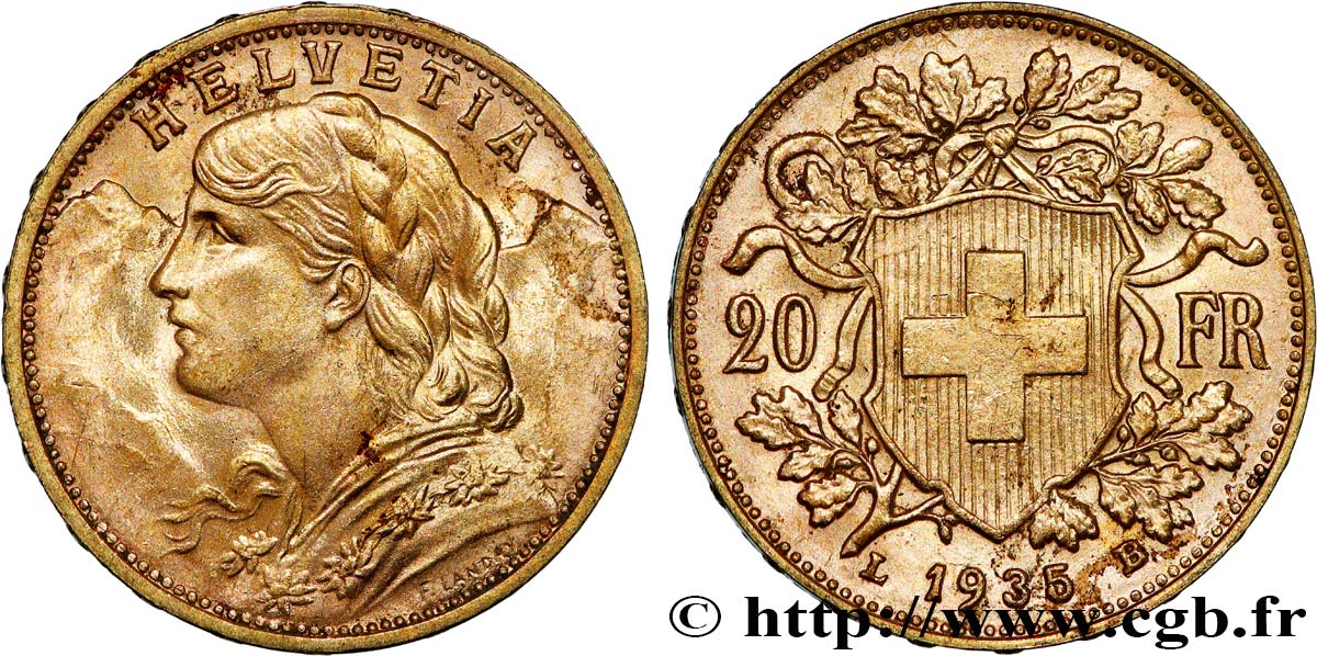 OR, PALLADIUM ET PLATINE INVESTISSEMENT 20 Francs  Vreneli   1935 Berne SUP 