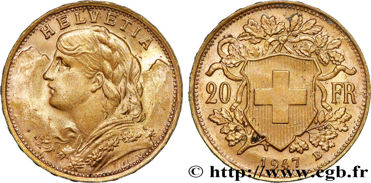 OR, PALLADIUM ET PLATINE INVESTISSEMENT 20 Francs or  Vreneli  1947 Berne SUP 