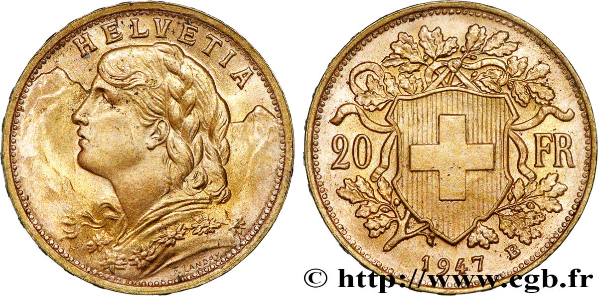 OR, PALLADIUM ET PLATINE INVESTISSEMENT 20 Francs or  Vreneli  1947 Berne SUP 