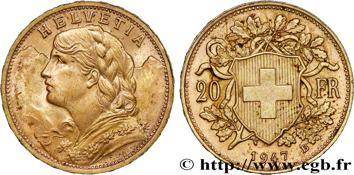 INVESTMENT GOLD 20 Francs or  Vreneli  1947 Berne EBC 