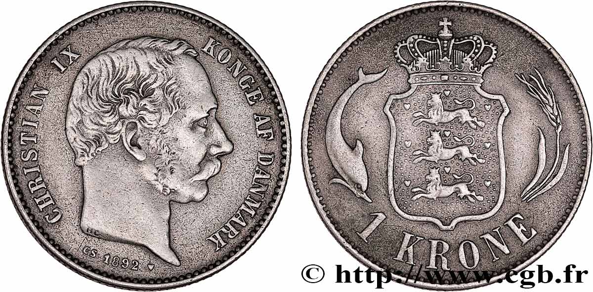 DANEMARK - ROYAUME DU DANEMARK - CHRISTIAN IX 1 Krone  1892 Copenhague TTB 