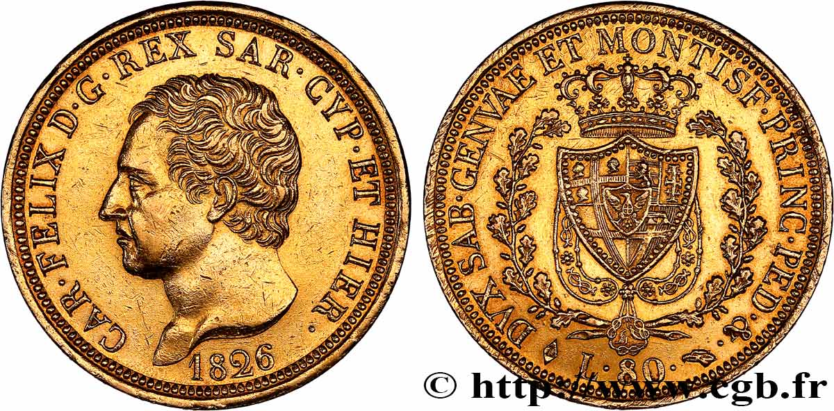 ITALIA - REGNO DE SARDINIA - CARLO FELICE 80 Lire 1826 Turin q.SPL 
