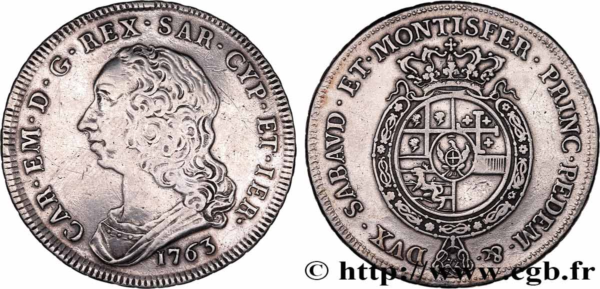 ITALY - KINGDOM OF SARDINIA - CHARLES EMMANUEL III Scudo 1763 Turin XF 
