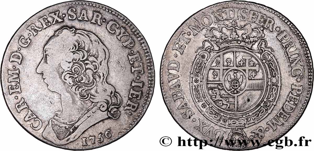 ITALIE - ROYAUME DE SARDAIGNE - CHARLES-EMMANUEL III 1/2 Scudo  1756 Turin TB/TTB 