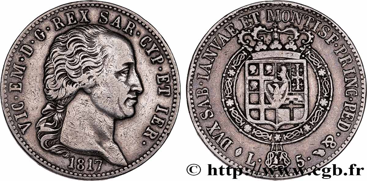 ITALY - KINGDOM OF SARDINIA - VICTOR-EMMANUEL I 5 Lire 1817 Turin XF 