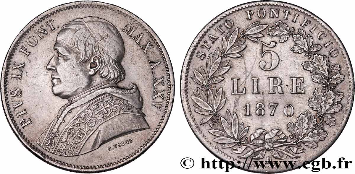 ITALIE - ÉTATS DU PAPE - PIE IX (Jean-Marie Mastai Ferretti) 5 Lire an XXV 1870 Rome TTB+ 