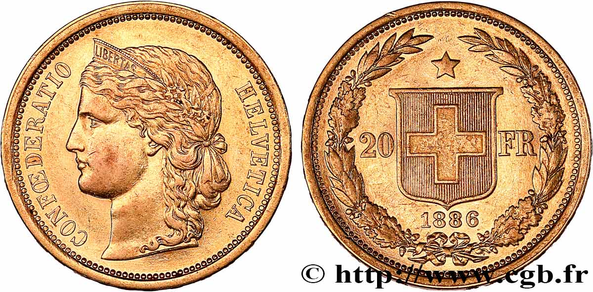 SWITZERLAND 20 Francs Helvetia 1886 Berne AU 