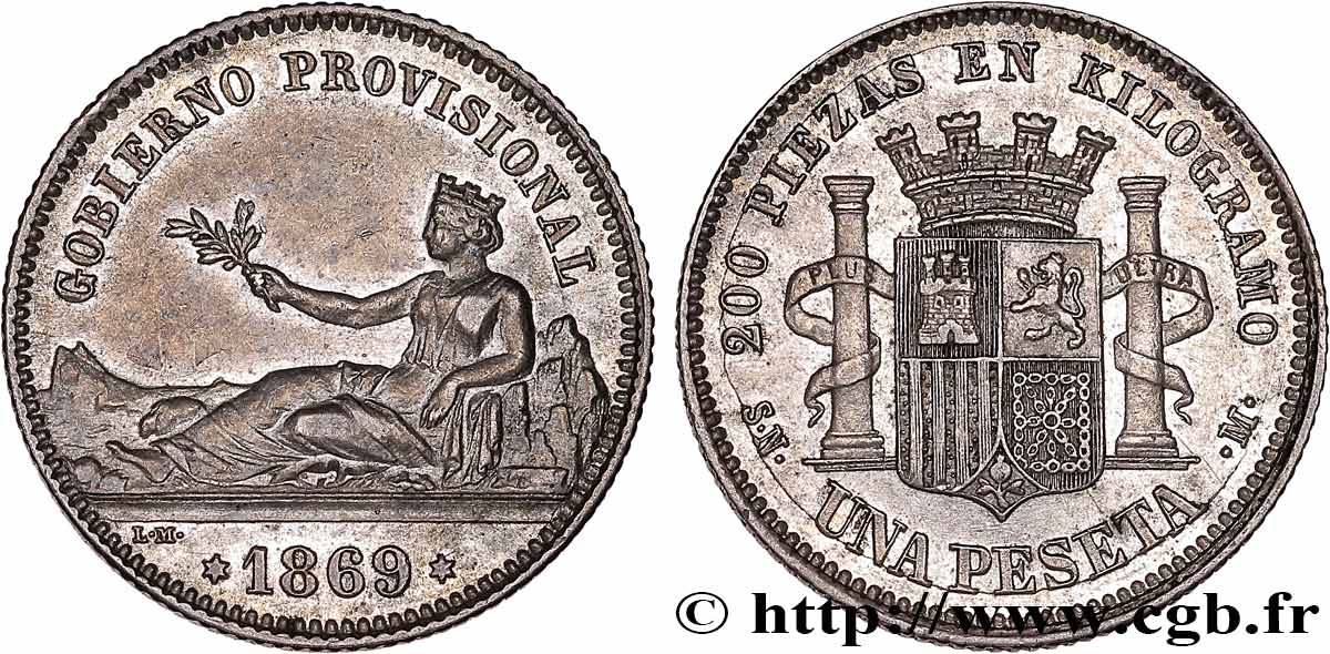 SPANIEN 1 Peseta monnayage provisoire avec mention “Gobierno Provisional” 1869 Madrid VZ 