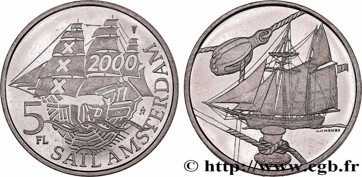 NETHERLANDS 5 Florins (Gulden) Proof Sail Amsterdam 2000 1995 Utrecht MS 
