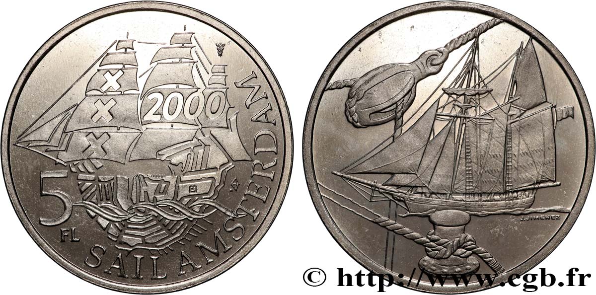 NETHERLANDS 5 Florins (Gulden) Proof Sail Amsterdam 2000 1995 Utrecht MS 