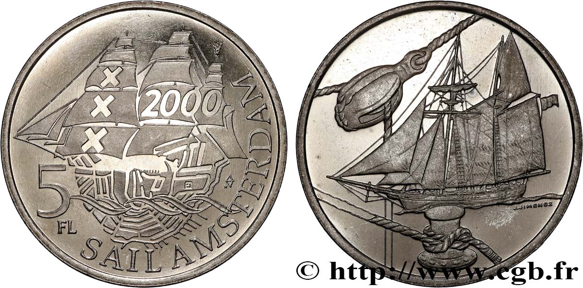 NETHERLANDS 5 Florins (Gulden) Proof Sail Amsterdam 2000 1995 Utrecht MS 