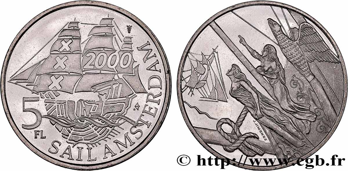 NETHERLANDS 5 Florins (Gulden) Proof Sail Amsterdam 2000 1995 Utrecht MS 