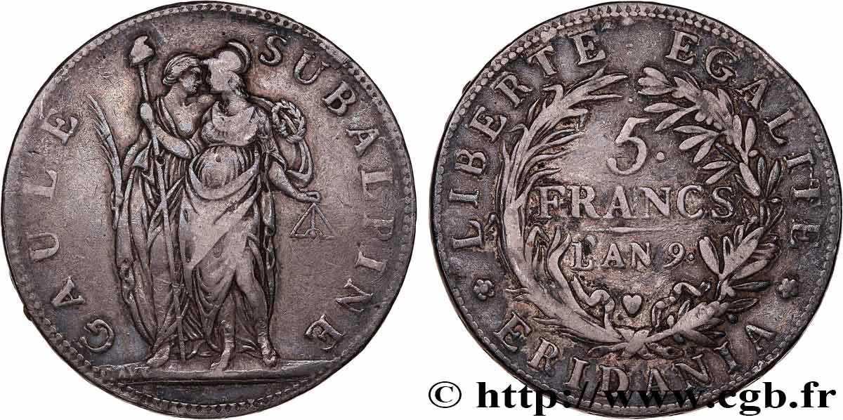 ITALIE - GAULE SUBALPINE 5 Francs an 9 1801 Turin TB+ 