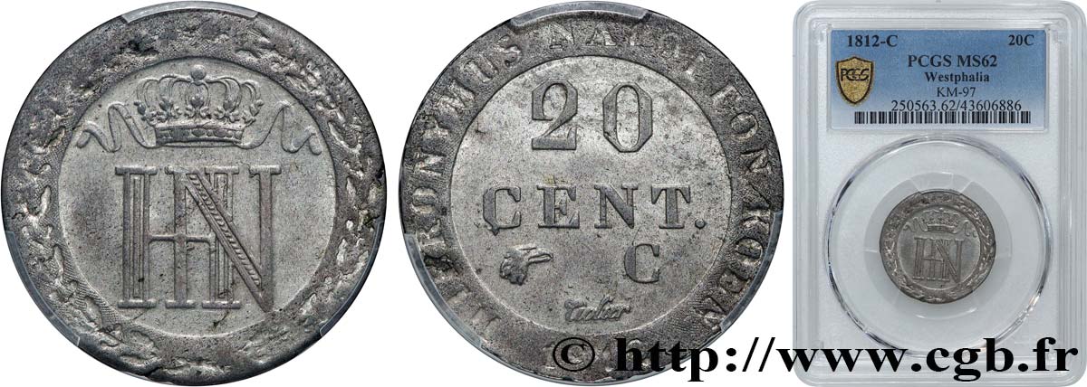 ALLEMAGNE - ROYAUME DE WESTPHALIE - JÉRÔME NAPOLÉON 20 Centimes 1812 Cassel SUP62 PCGS