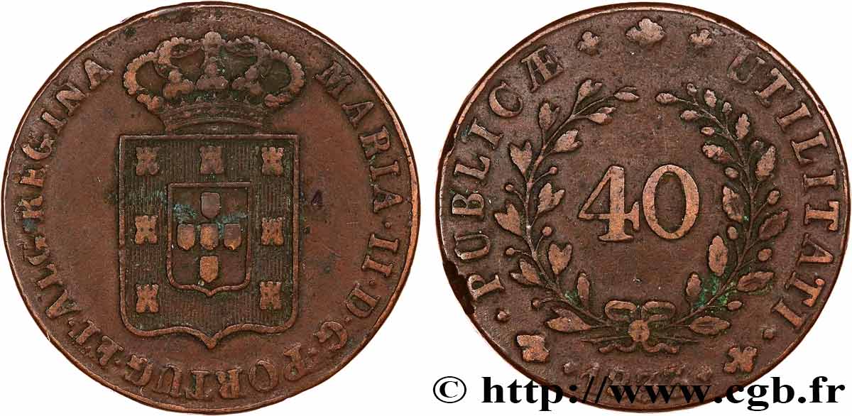 PORTUGAL - ROYAUME DE PORTUGAL - MARIE II  1 Pataco (40 Réis) 1833  TTB 