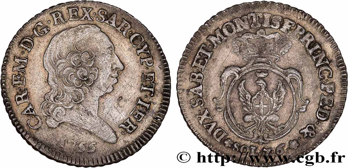 DUCHY OF SAVOY - CHARLES-EMMANUEL III 7 sols de demi (soldi 7.6) 1755 Turin SS 