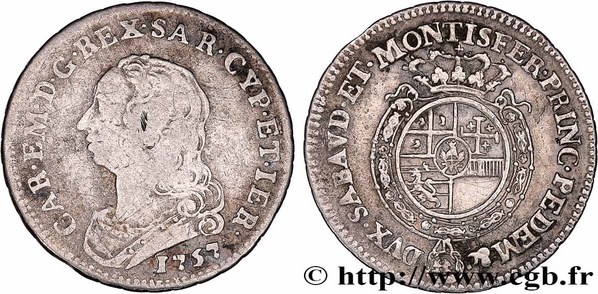SAVOY - DUCHY OF SAVOY - CHARLES-EMMANUEL III Huitième d’écu (Ottavo di Scudo Nuovo) 1757 Turin VF/XF 