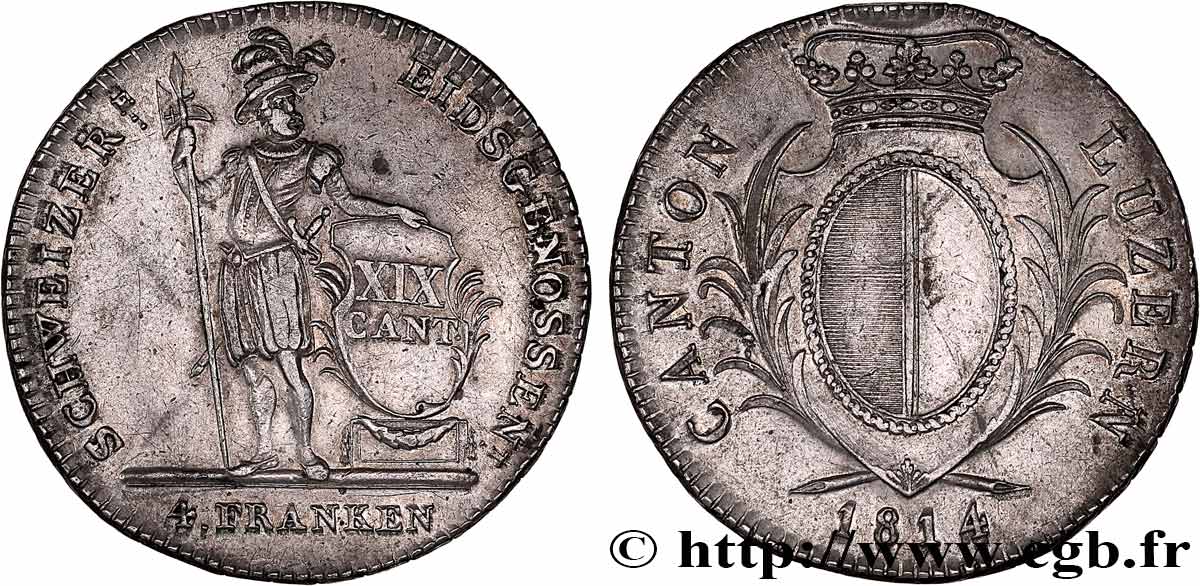 1814年 スイス 4フラン銀貨 XIX CANT. 古銭 重厚希少 1814年 スイス 4