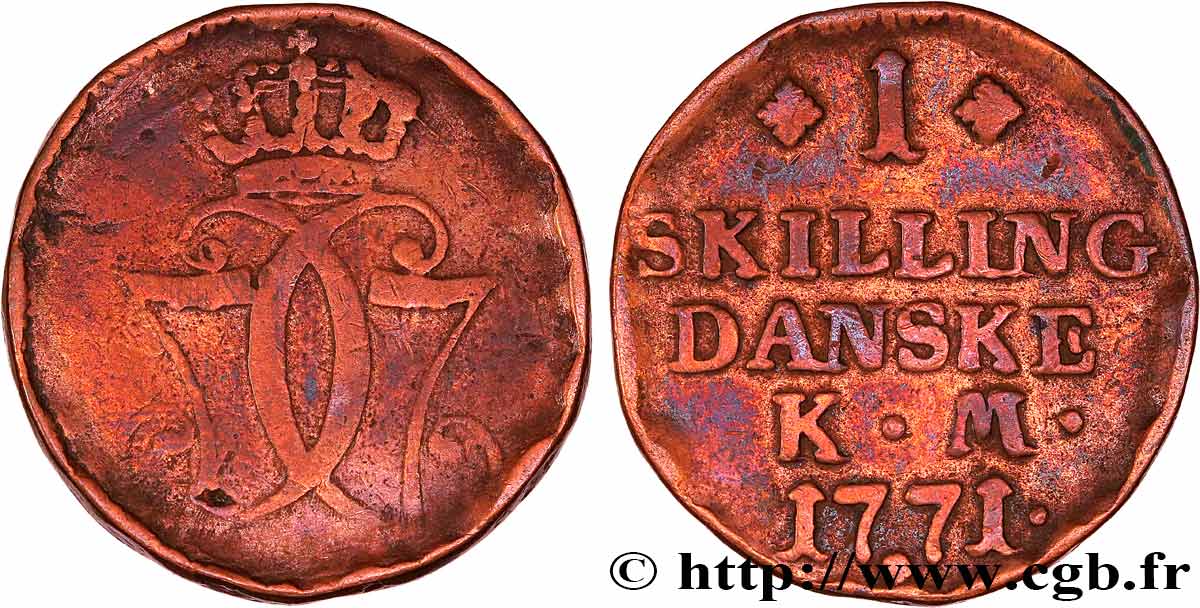DANEMARK 1 Skilling Christian VII 1771 Copenhague TB 