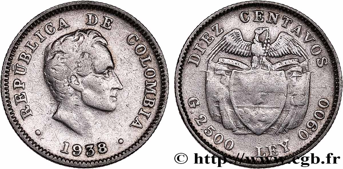 COLOMBIE 10 Centavos Simon Bolivar 1938  TB+ 