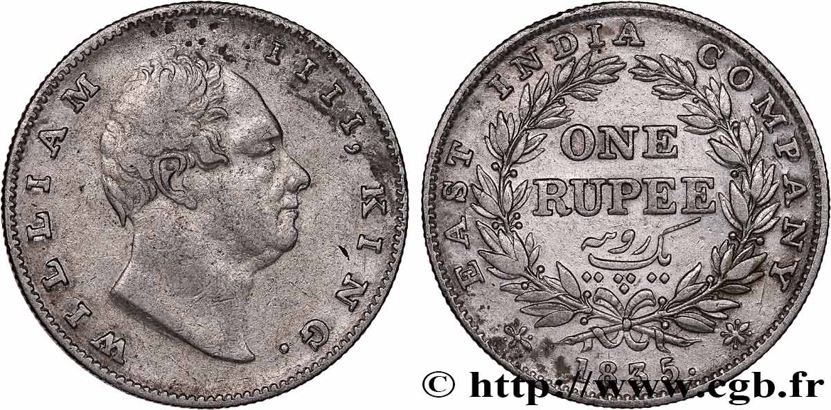 INDIA BRITANNICA 1 Roupie (Rupee) East India Company William IV 1835 Calcutta BB 