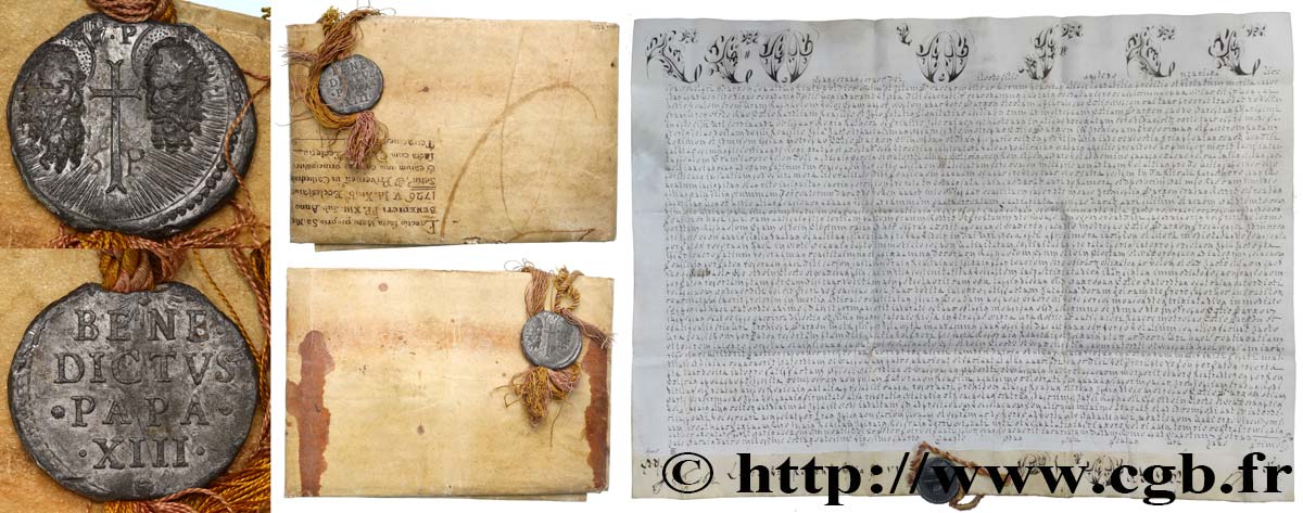 ITALIE - ÉTATS DU PAPE - BENOÎT XIII (Pietro Francesco Orsini) Bulle papale avec document n.d. Rome TTB+ 