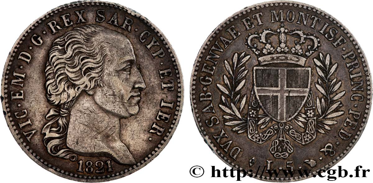 ITALY - KINGDOM OF SARDINIA - VICTOR-EMMANUEL I 5 Lire  1821 Turin XF GENI