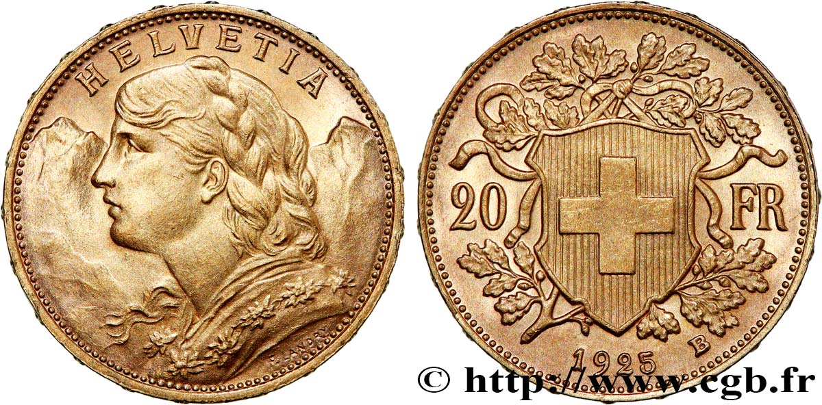 INVESTMENT GOLD 20 Francs or  Vreneli   1925 Berne  EBC 