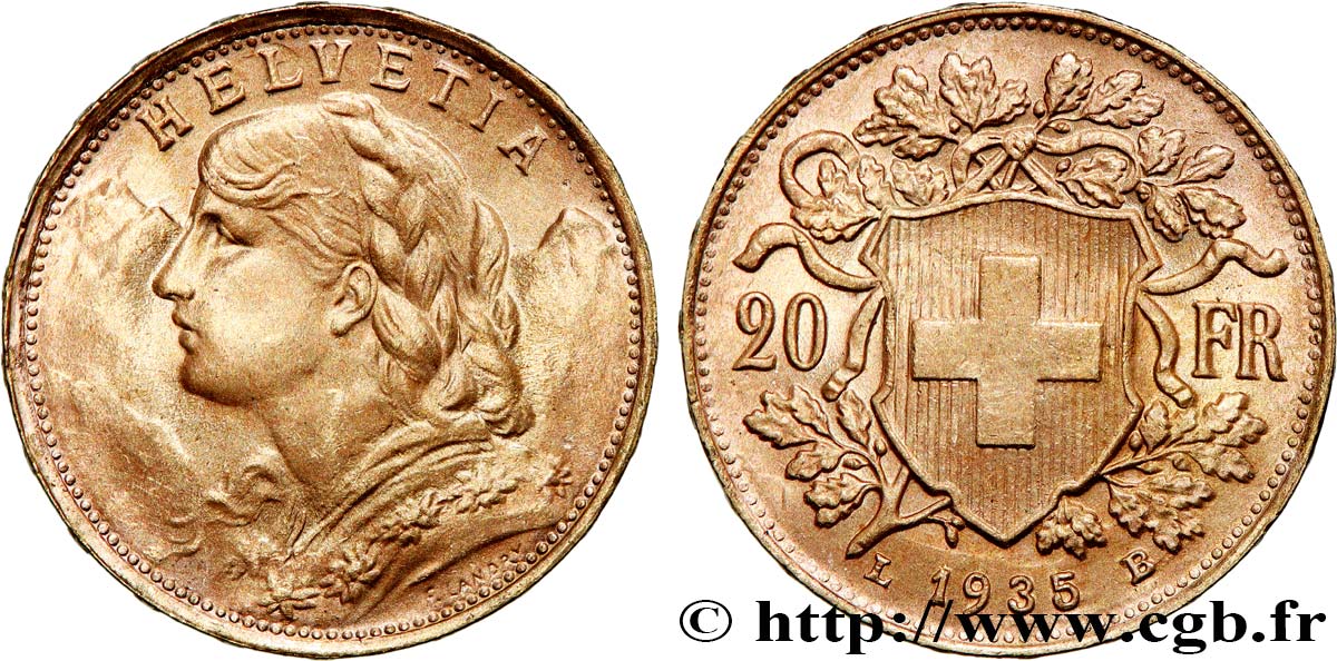 GOLD-, PALLADIUM- UND PLATIN-INVESTITIONEN 20 Francs &nbsp;Vreneli&nbsp;  1935 Berne VZ 
