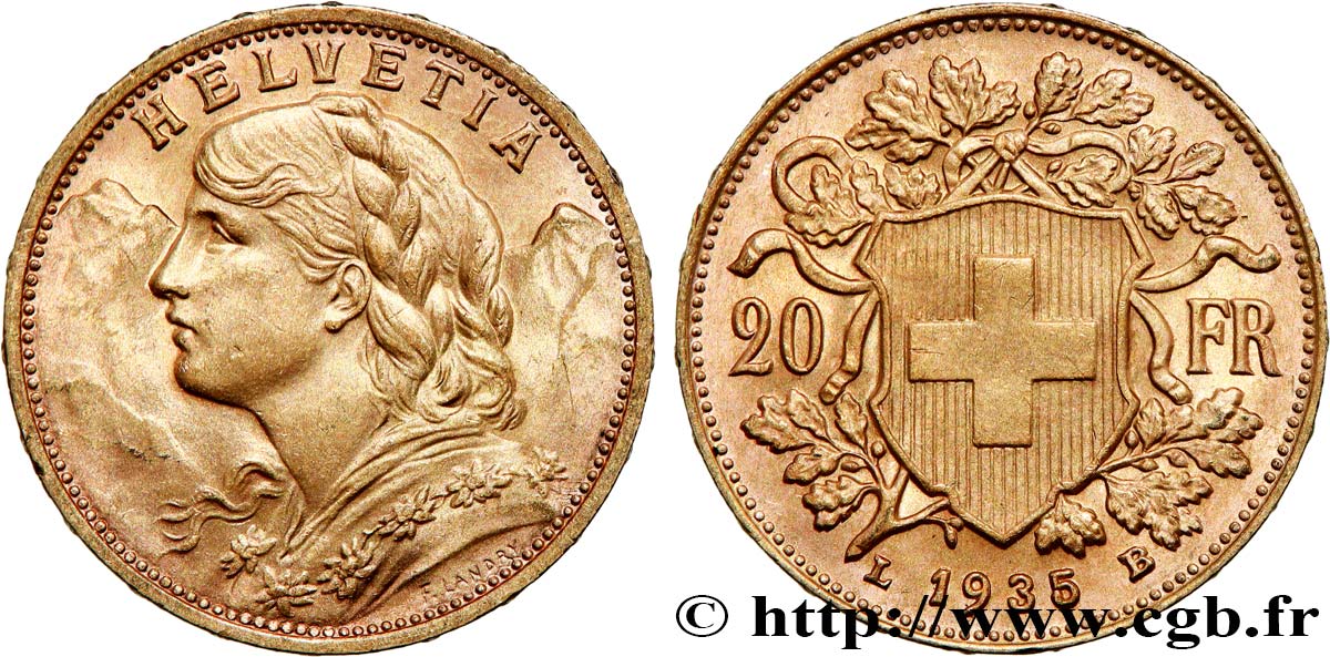 GOLD-, PALLADIUM- UND PLATIN-INVESTITIONEN 20 Francs &nbsp;Vreneli&nbsp;  1935 Berne VZ 