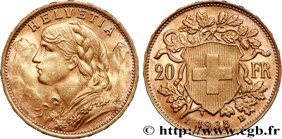 GOLD-, PALLADIUM- UND PLATIN-INVESTITIONEN 20 Francs &nbsp;Vreneli&nbsp;  1935 Berne VZ 