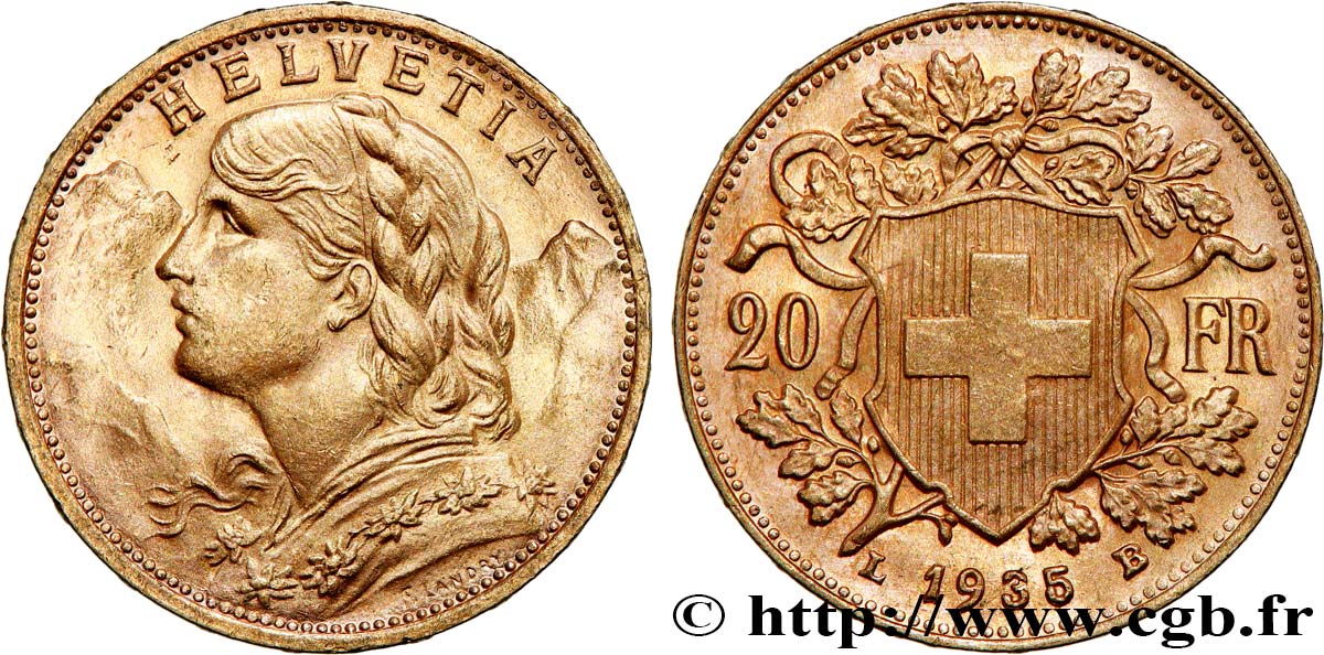 INVESTMENT GOLD 20 Francs  Vreneli   1935 Berne fST 