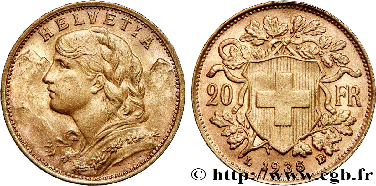 INVESTMENT GOLD 20 Francs  Vreneli  1935 Berne fST 
