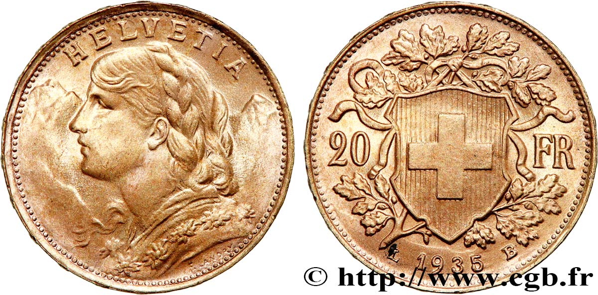 GOLD, PALLADIUM & PLATINUM INVESTMENT 20 Francs  Vreneli   1935 Berne MS 