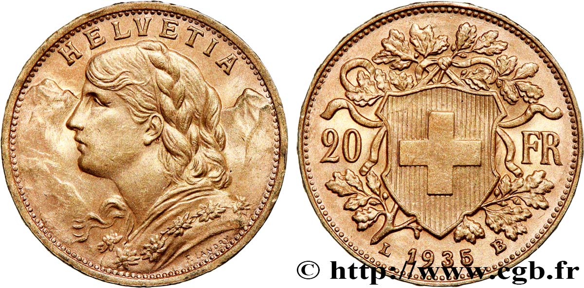 GOLD, PALLADIUM & PLATINUM INVESTMENT 20 Francs &nbsp;Vreneli&nbsp;  1935 Berne MS 