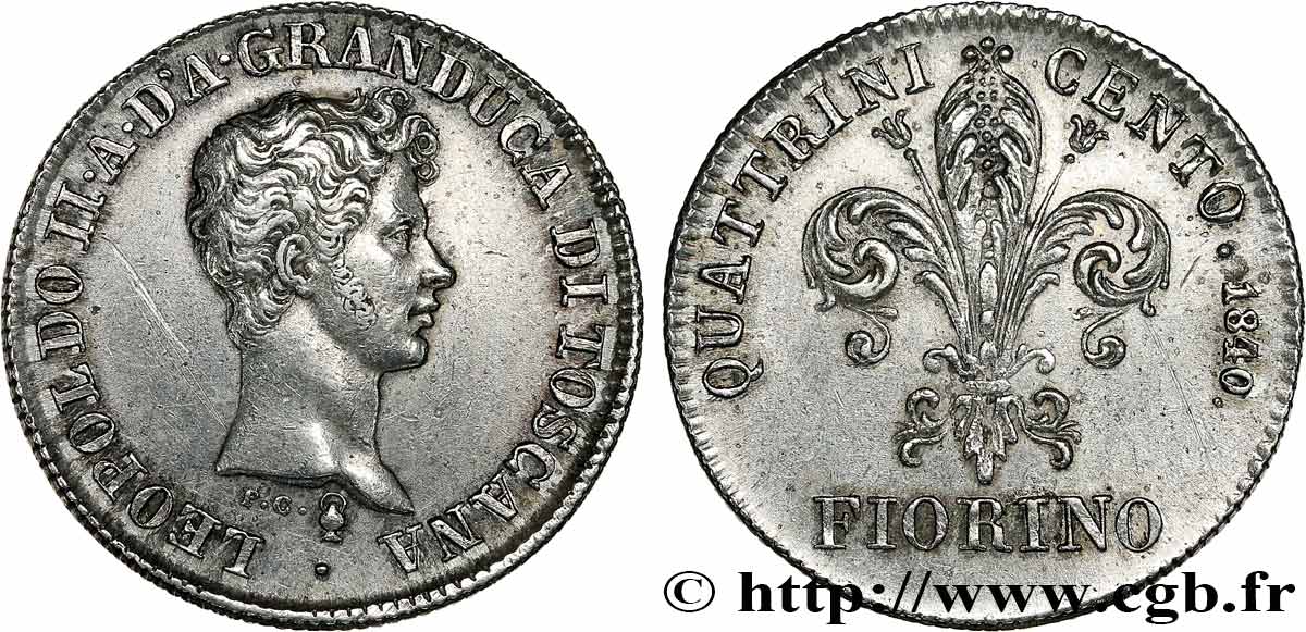 ITALIA - GRAN DUCADO DE TOSCANA - LEOPOLDO II Fiorino, 3e type 1840 Florence MBC+/EBC 