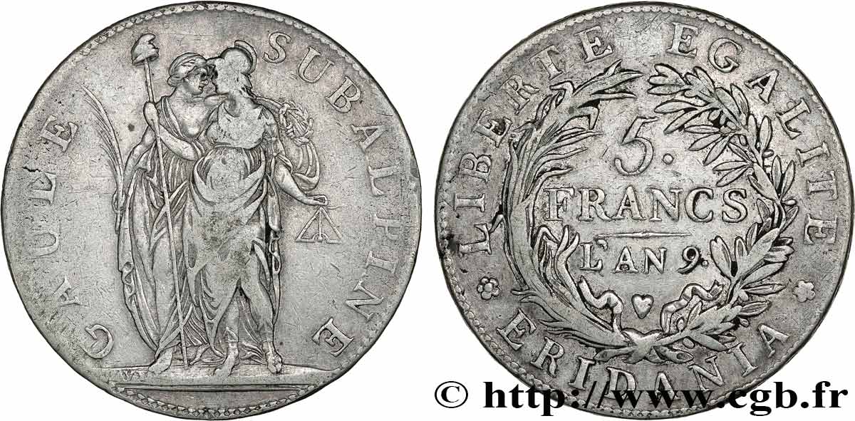 ITALIA - GALLIA SUBALPINA 5 Francs an 9 1801 Turin BC+ 