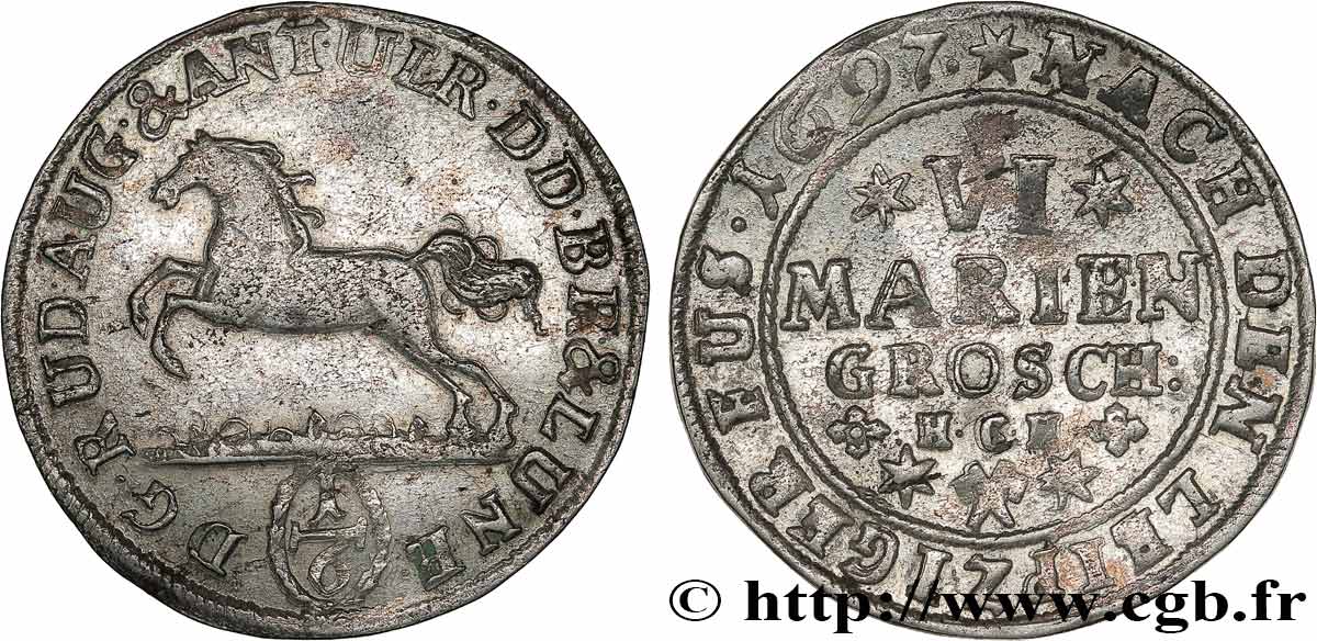GERMANIA - BRUNSWICK-WOLFENBUTTEL 6 Mariengroschen (1/6 Thaler), frappe au cheval au nom de Rudolphe Auguste 1697  BB 