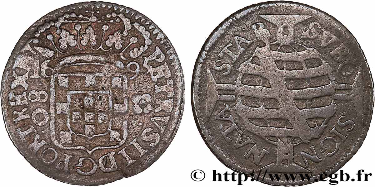 BRÉSIL - PIERRE II DU PORTUGAL 80 Réis, grande couronne  1695 Bahia TTB 