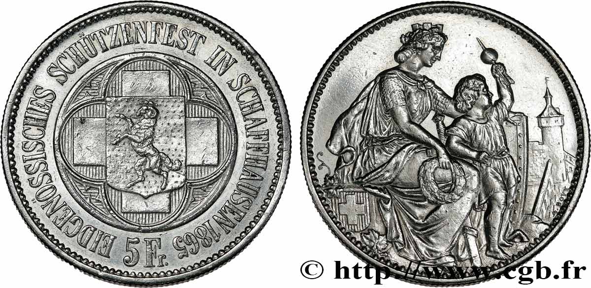 SWITZERLAND 5 Francs Tir de Schaffhouse (Schaffhaussen) 1865  AU 