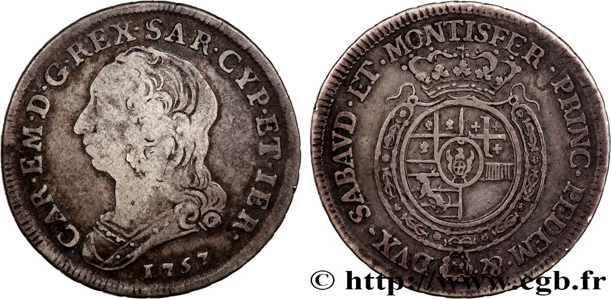 DUCHY OF SAVOY - CHARLES-EMMANUEL III Quart d’écu (quarto di scudo) 1757 Turin fSS/SS 