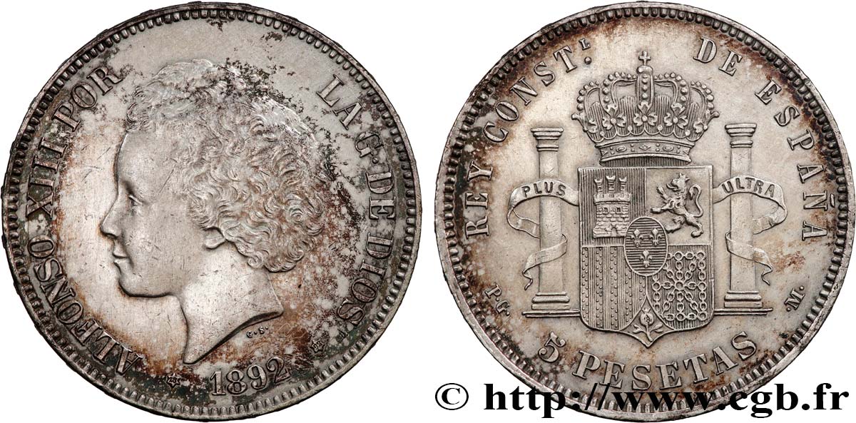 SPAIN 5 Pesetas Alphonse XIII 2e type 1892 Madrid XF 